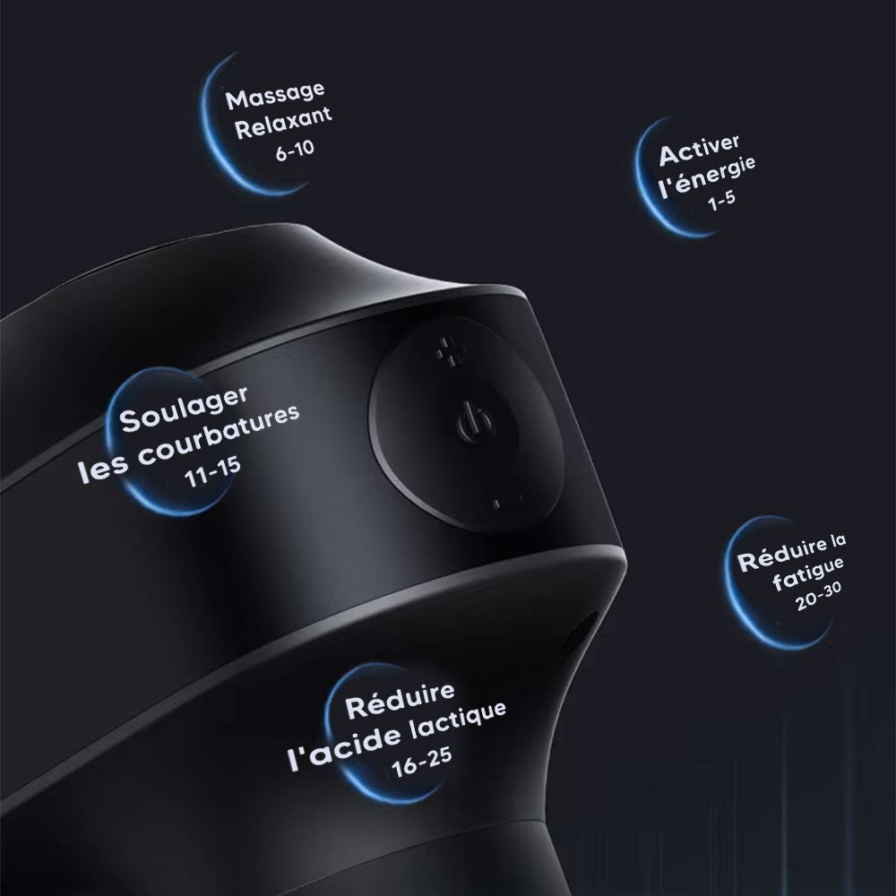 Gros plan sur le pistolet masseur ergonomique avec embout interchangeable – idéal pour détendre les muscles après un entraînement intensif.